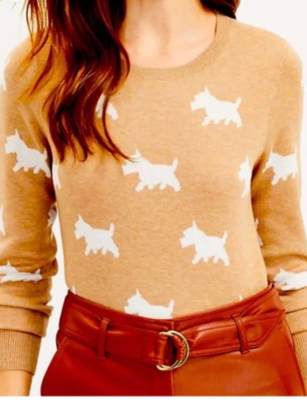 Ann Taylor Loft Camel Crewneck Sweater with White Scottie Dog Motif size XS
